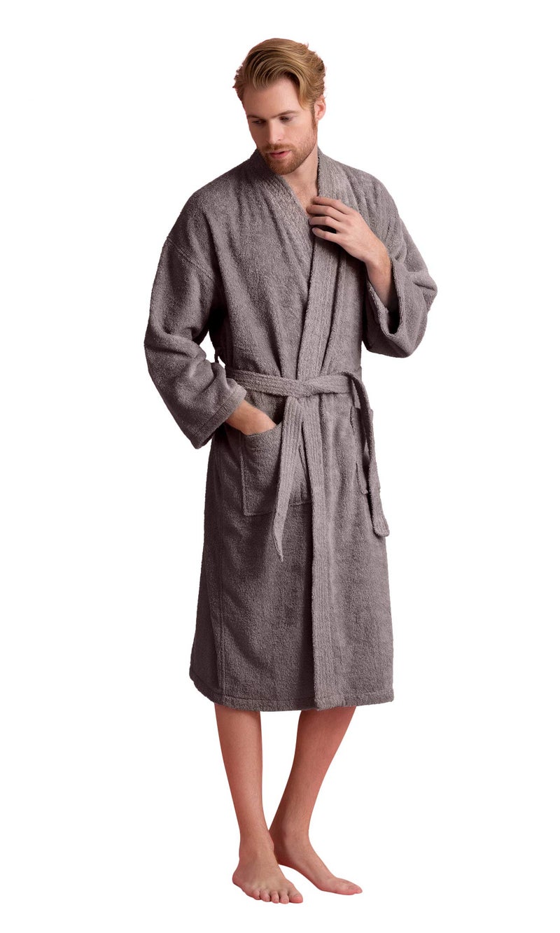 Soft Touch Linen - Turkish Terry Kimono Style Bathrobe - 100% Pure Turkish Cotton - Made in Turkey (Grey, Medium) - Image 3